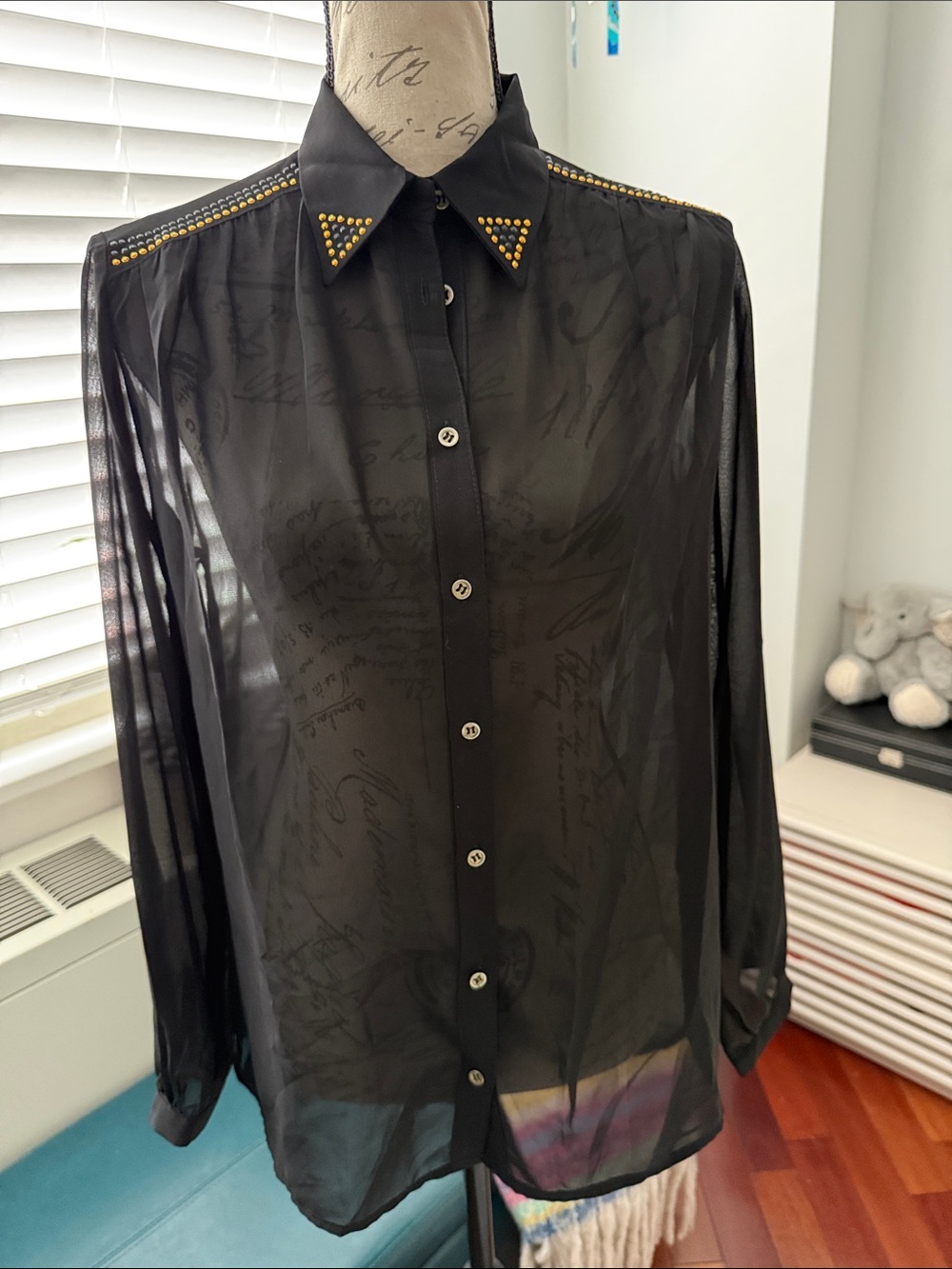 Las Pepas Black Sheer Button-Front Blouse with Gold Stud Collar